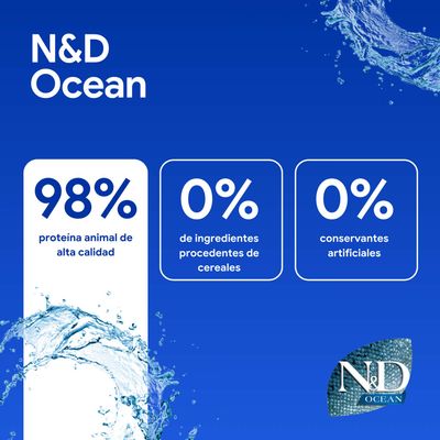 N&D Ocean. 98% proteína animal, 0% ingredientes de cereales, 0% conservantes artificiales.