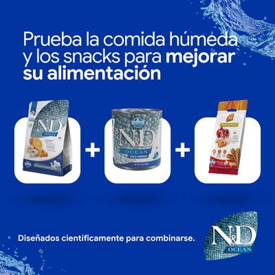 Pruebe N&D Ocean pienso, comida húmeda y Dental Treats. Desarrollado científicamente para combinarse y ofrecer una mejor nutrición.