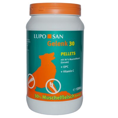 Кутия Lupo San Gelenk 30 Pellets, 1350 г. Видим текст: 30 % Muschelfleisch (Extrakt), + OPC, + Vitamin C. Оранжев силует на куче и икони за стави.