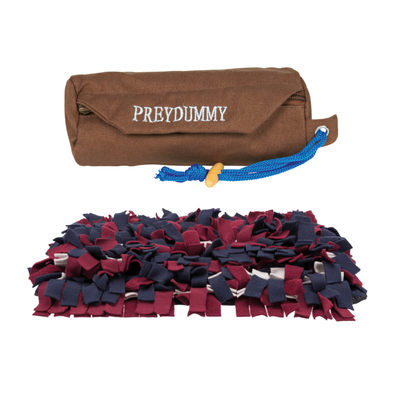 Brauner Beutel mit Aufschrift PREYDUMMY, darunter eine rot-blau-weiße Schnüffelmatte. Rotes Prozentzeichen oben rechts für Rabattaktion.