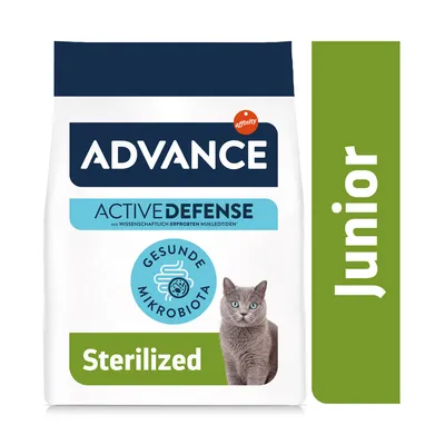 Advance Active Defense Sterilized Junior krmivo pro kočky se zdravou mikrobiotou a vědecky ověřenými nukleotidy.