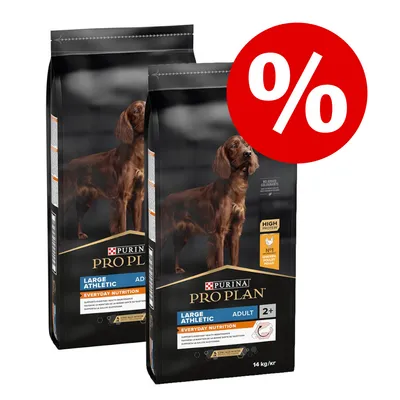 Două saci Purina Pro Plan Large Athletic Adult 2+ Everyday Nutrition, 14 kg fiecare, cu simbol de reducere procentuală pe fundal roșu. Vizibil: HIGH PROTEIN, NO1 CHICKEN, fără coloranți adăugați.