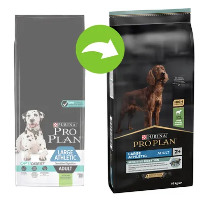 Ambalaj vechi și nou pentru Purina Pro Plan Large Athletic Adult Sensitive Digestion, 14 kg. Text vizibil: High Protein, No added colourants, Nr.1 miel, 2+, imagine câine. Ambalaj vechi și nou pentru Purina Pro Plan Large Athletic Adult Sensitive Digestion, 14 kg. Text vizibil: High Protein, No added colourants, Nr.1 miel, 2+, imagine câine.
