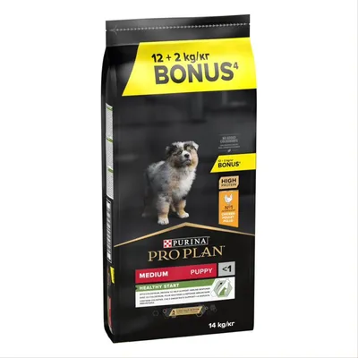 Purina Pro Plan Medium Puppy, 14 kg, bónusz 12+2 kg, magas fehérjetartalom, Nr. 1 csirke, egészséges kezdés 1 év alatti kölyköknek.