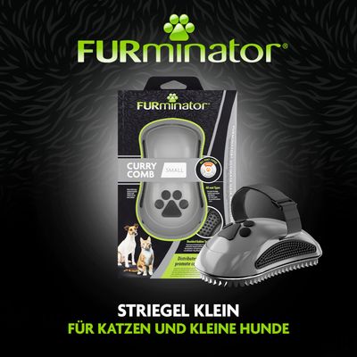 FURminator Curry Comb Small, Striegel klein für Katzen und kleine Hunde. Abgebildet sind Produkt und Verpackung mit Pfotenmotiv.