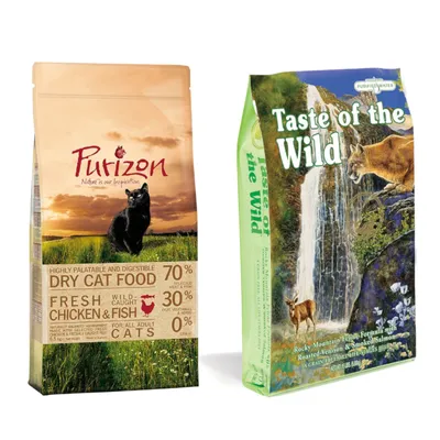 Purizon torrfoder för katt, text: 70 % kött/fisk, 30 % grönsaker, 0 % spannmål. Taste of the Wild foderpåse med synlig varumärkestext.