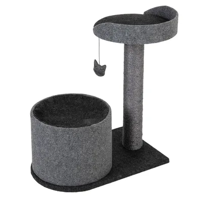 Szary drapak z dwiema poziomami, jedną budką, jedną platformą i wiszącą zabawką. Słupek z materiału sznurkowego na prostokątnej podstawie.