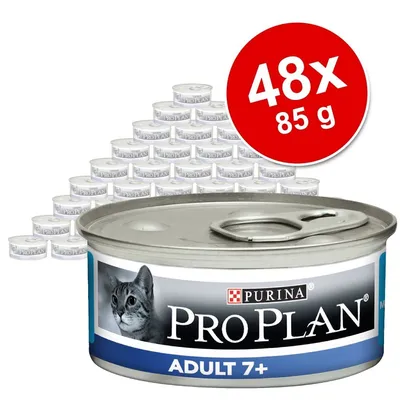 Zestaw 48 puszek po 85 g Purina Pro Plan Adult 7+ dla kotów, widoczna etykieta z nazwą produktu i wizerunkiem kota.