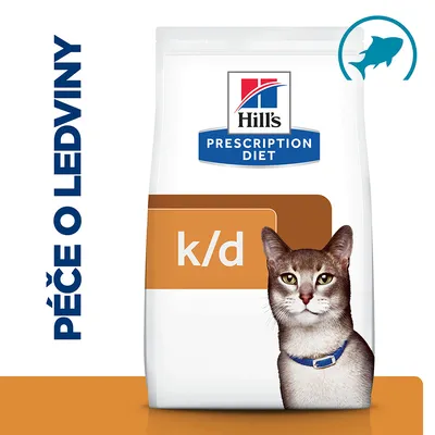 Hill's Prescription Diet k/d krmivo pro kočky, nápis Péče o ledviny, obrázek kočky a symbol ryby v kruhu na obalu.