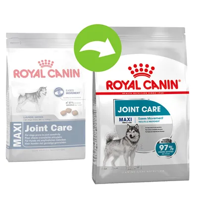 Royal Canin Maxi Joint Care, dvije verzije pakiranja s tekstom 'Joint Care', 'Eases Movement', '97% owners satisfied', slika psa i zelena strelica koja označava promjenu ambalaže.