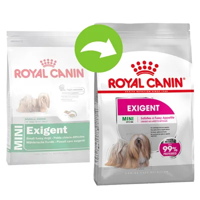 Dva pakiranja Royal Canin Mini Exigent hrane za pse, stari i novi dizajn ambalaže s istaknutim nazivom proizvoda i slikom psa. Zelena strelica pokazuje prijelaz na novo pakiranje.