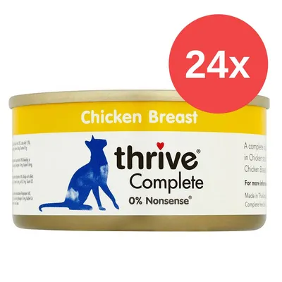Thrive Complete Chicken Breast, 0% Nonsense, 24x Dosen. Katzen-Silhouette auf gelber Verpackung.