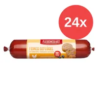 Fleischeslust Feines Geflügel mit Süßkartoffel, Heidelbeeren und Kamille. Alleinfuttermittel. 100% aus frischem Fleisch. Verpackung zeigt 24x Portionen.