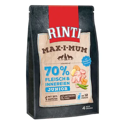 Συσκευασία Rinti Max-i-mum Junior, 70% Fleisch & Innereien, mit 30% Gemüse, getreidefrei, bis 12 Monate, 4 Kilo Gramm. Περιέχει ορατό κείμενο στα γερμανικά.