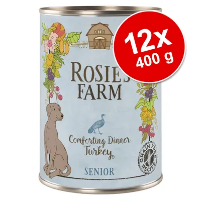 Rosie's Farm Comforting Dinner Turkey SENIOR, Grain Free Recipe, 12x400 g. Conservă cu ilustrație de câine și curcan, text vizibil pe ambalaj. Rosie's Farm Comforting Dinner Turkey SENIOR, Grain Free Recipe, 12x400 g. Conservă cu ilustrație de câine și curcan, text vizibil pe ambalaj.