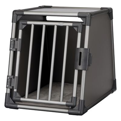 Transportbox van zilverkleurig metaal en kunststof met traliedeur, rechthoekige vorm, merk Trixie zichtbaar.
