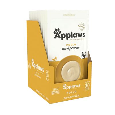 Applaws Natural Cat Food, puré premios de pollo, 100% natural ingredients, caja con sobres individuales. Texto visible: Certified B Corporation.