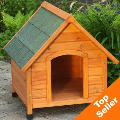 Wooden dog kennel with green roof, open doorway and black feet. Orange corner banner reads 'Top Seller'. Wooden dog kennel with green roof, open doorway and black feet. Orange corner banner reads 'Top Seller'.