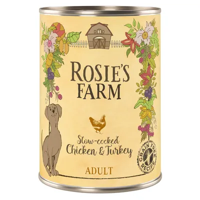 Rosie's Farm Adult Hundefutter, langsam gegartes Hühnchen & Truthahn, getreidefreie Rezeptur. Illustration mit Hund, Huhn und Blumen.