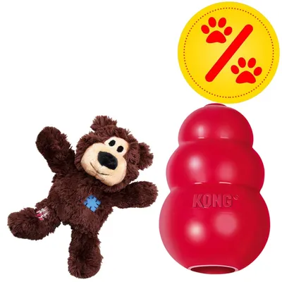 KONG rotes Spielzeug und brauner Plüschbär, gelbes Symbol mit roten Pfoten und Prozentzeichen für Rabattaktion sichtbar.