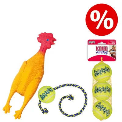 Jouet poulet en caoutchouc, balle avec corde bleue et jaune, lot de 3 balles Squeaker KONG AirDog, symbole pourcentage rouge indiquant une offre promotionnelle visible.