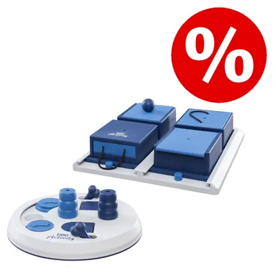 Jeux d’intelligence pour chien en plastique bleu et blanc, texte visible : DOG Activity, symbole de réduction en rouge avec %.