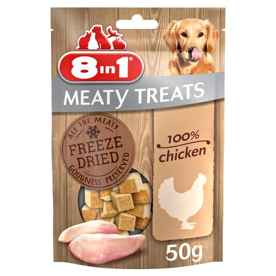 8in1 Meaty Treats, liofilizowane, 100% kurczak, 50g. Opakowanie przedstawia kawałki mięsa z kurczaka i psa.