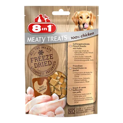 Confezione 8in1 Meaty Treats 100% chicken, snack di carne liofilizzata con pollo. Senza zuccheri, coloranti, aromatizzanti, conservanti, OGM. Testo in inglese, tedesco, francese e italiano.