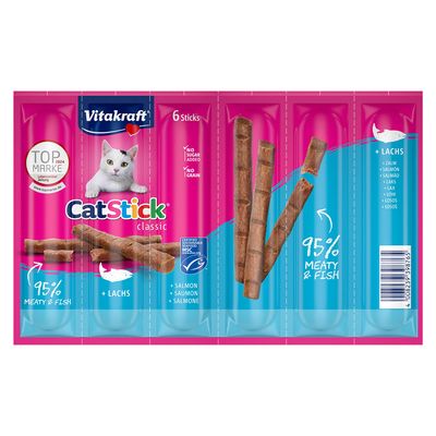 Vitakraft CatStick classic with salmon, 6 sticks, 95% meat and fish, sugar-free, grain-free, MSC certified.