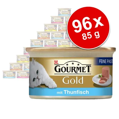 Gourmet Gold mit Thunfisch, Feine Pastete, 96 Dosen à 85 g. Großes rotes Label mit Aufschrift '96x 85 g'. Gourmet Gold mit Thunfisch, Feine Pastete, 96 Dosen à 85 g. Großes rotes Label mit Aufschrift '96x 85 g'.