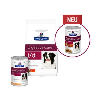 Hill's Prescription Diet Digestive Care i/d koiranruoka, näkyvissä kuivaruokapakkaus ja kaksi säilykepurkkia. Purkissa teksti: with Chicken, NEU.