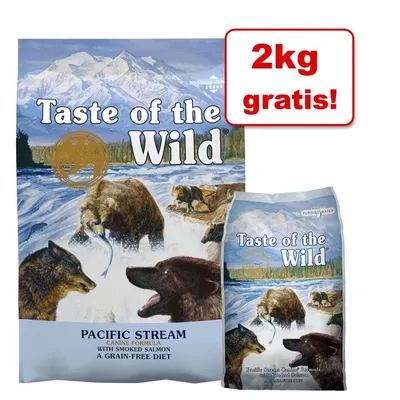 Pachet hrană pentru câini Taste of the Wild Pacific Stream, text vizibil: 2kg gratis!, Canine Formula with Smoked Salmon, A Grain-Free Diet. Pachet hrană pentru câini Taste of the Wild Pacific Stream, text vizibil: 2kg gratis!, Canine Formula with Smoked Salmon, A Grain-Free Diet.