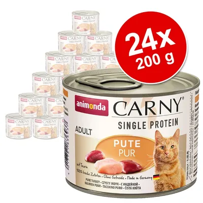 animonda Carny Single Protein ADULT PUTE PUR, 24x200g. Κονσέρβες γατοτροφής με γαλοπούλα, εικόνα συσκευασίας και γάτας. Εμφανές το σήμα 24x200g σε κόκκινο κύκλο.