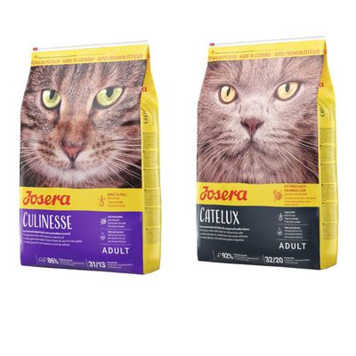 Josera kattefoder, poser med teksten 'Culinesse Mit Lachs' og 'SensiCat', begge med 'Made in Germany'. Rød procent-tegn cirkel indikerer tilbud eller rabat.