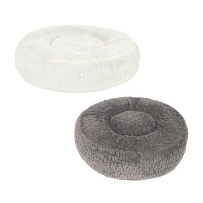 Weisses, rundes Plüschbett mit drei abgestuften Ringen, geeignet als Schlafplatz oder Liegefläche.