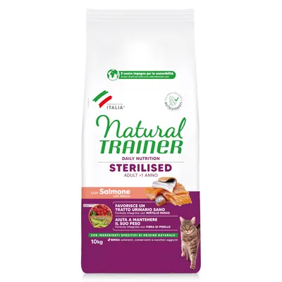 Natural Trainer Sterilised Adulte >1 an au saumon, 10 kg. Favorise un système urinaire sain, aide à maintenir son poids, ingrédients d'origine naturelle, sans ajout de sucre. Natural Trainer Sterilised Adulte >1 an au saumon, 10 kg. Favorise un système urinaire sain, aide à maintenir son poids, ingrédients d'origine naturelle, sans ajout de sucre.