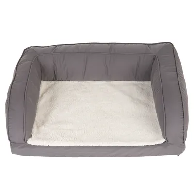 Cuccia rettangolare per animali, bordo imbottito grigio e fondo interno in tessuto bianco morbido. Nessun marchio o testo visibile.