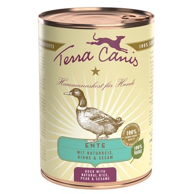 Terra Canis Hausmannskost für Hunde, Ente mit naturreis, birne & sesam. Duck with natural rice, pear & sesame. 100 % human grade quality, 100 % natur. Text på tyska och engelska.