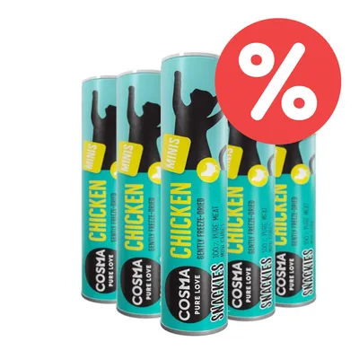 Cosma Pure Love Snacks Minis Chicken, sanft gefriergetrocknet, 100% reines Fleisch. Rabatt-Symbol sichtbar.