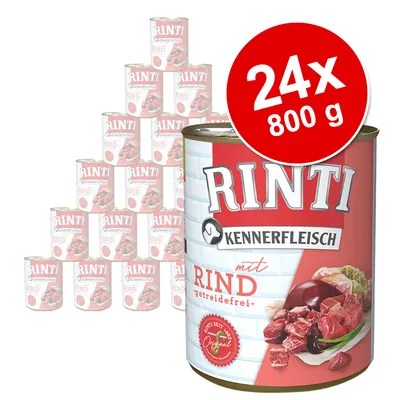 RINTI Kennerfleisch mit Rind, getreidefrei. 24x800 g dåser vist, stor rød cirkel med teksten '24x 800 g'. Billede af oksekød og grøntsager på dåsen.