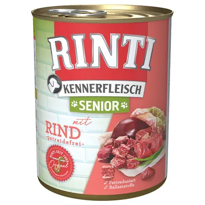 Konzerva Rinti Kennerfleisch Senior mit Rind, getreidefrei, fettreduziert, obsahuje vlákninu. Na obalu jsou kusy masa a nápis Original seit 1983.