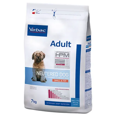 Karma Virbac Adult Veterinary HPM dla dorosłych psów małych ras, 7 kg. Widoczny tekst: Neutered Dog, Small & Toy, tabela składu, wykres profilaktyki zdrowotnej.