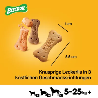 Biscrok koirankeksit, rapeat herkut kolmessa maussa. Koko: 5,5 cm x 1 cm. Sopii 5–25 kg koirille (S, M, L).