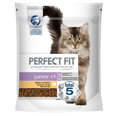 Perfect Fit junior <1, Reich an Huhn, suché krmivo pro koťata, obrázek kotěte na obalu, total 5, viditelné granule v dolní části balení