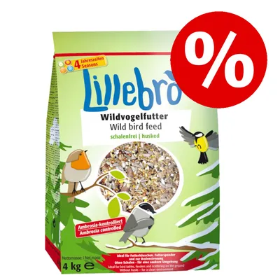 Lillebro Wildvogelfutter, schalenfrei, Ambrosia-kontrolliert, 4 kg. Für Futterhäuschen und Bodenstreuung geeignet. Angebotssymbol mit Prozentzeichen sichtbar. Lillebro Wildvogelfutter, schalenfrei, Ambrosia-kontrolliert, 4 kg. Für Futterhäuschen und Bodenstreuung geeignet. Angebotssymbol mit Prozentzeichen sichtbar.