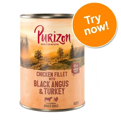 Purizon Chicken Fillet with Black Angus & Turkey, 45% chicken fillet, 400g tin for adult dogs. Orange badge reads: Try now!
