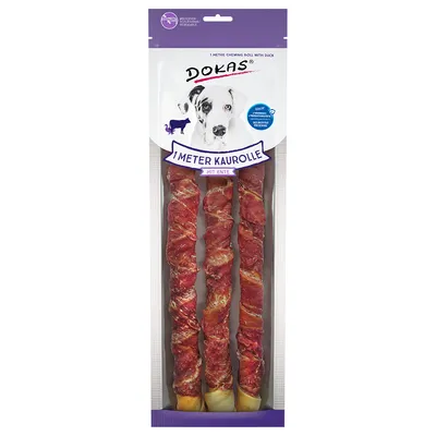 Dokas 1 Meter Kaurolle mit Ente, drei Stück in Verpackung, geeignet für Hunde.