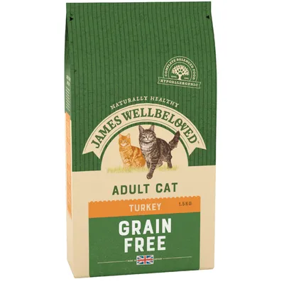 James Wellbeloved Adult Cat Turkey Grain Free 1,5 kg kattenvoer, hypoallergeen, afbeelding van twee katten op de verpakking. James Wellbeloved Adult Cat Turkey Grain Free 1,5 kg kattenvoer, hypoallergeen, afbeelding van twee katten op de verpakking.