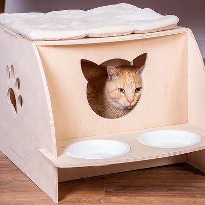 Casa de madera para gatos con recorte de cabeza de gato, dos comederos blancos y superficie de descanso suave arriba. Gato naranja asoma desde la casa.