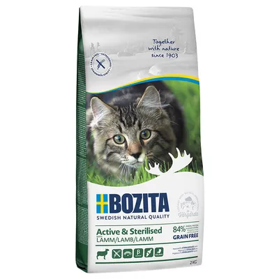 Bozita Active & Sterilised hrană pentru pisici cu miel, 84% proteină animală, fără cereale, 2kg. Swedish Natural Quality, potrivită pentru pisici sterilizate și active.